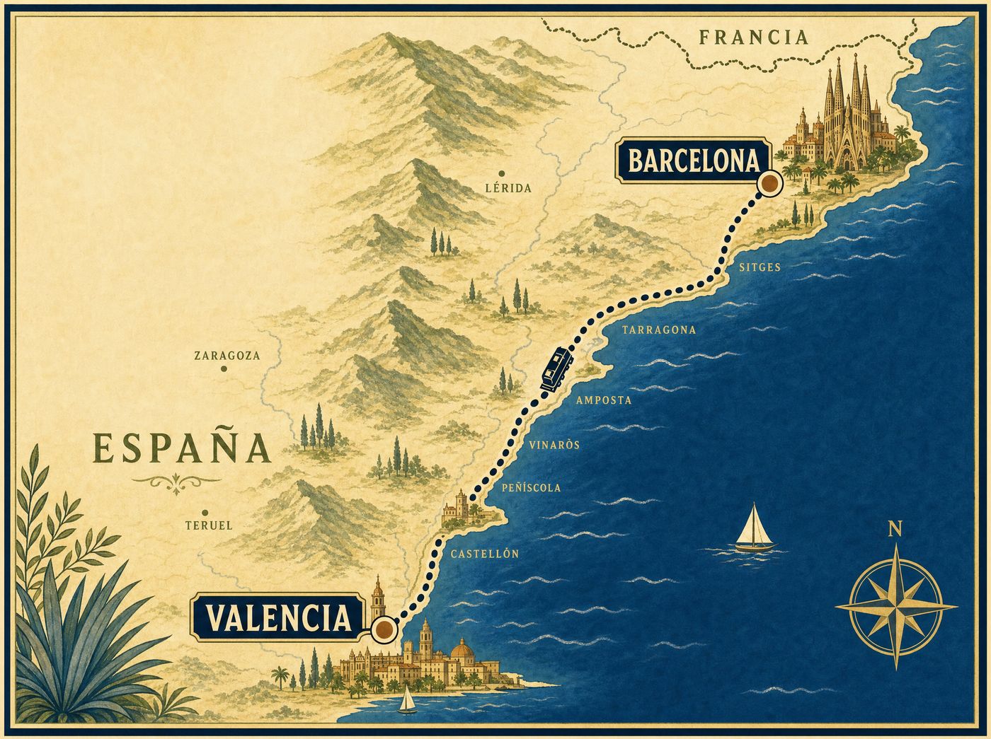 Illustrated vintage-style map of Spain's Mediterranean coast showing the direct rail route from Barcelona to Valencia via Sitges, Tarragona, Peñíscola and Castellón