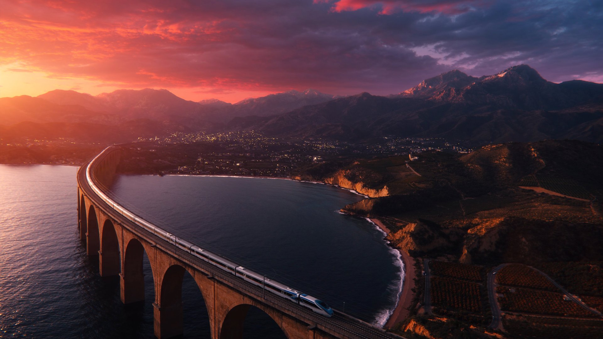 High-speed train crossing a stone viaduct over a Mediterranean bay at dramatic sunset, with mountains and orange groves in the background