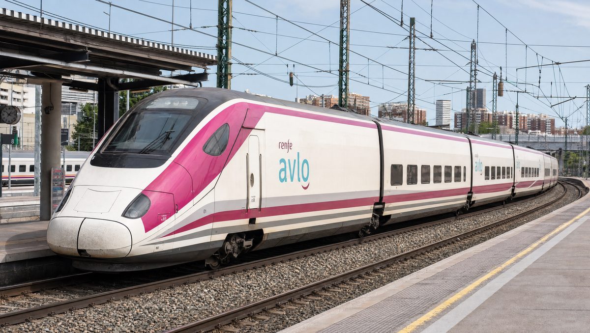 Real Renfe Avlo low-cost high-speed train with magenta-pink livery
