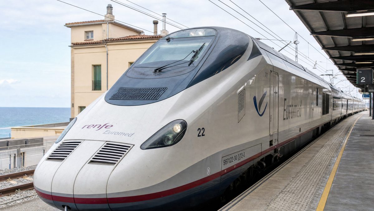 Real Renfe Euromed high-speed train with red accent stripe arriving at a Spanish coastal station