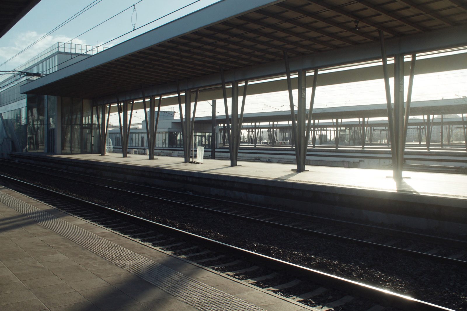 Glass and steel platform canopy at Valencia Joaquín Sorolla high-speed rail station