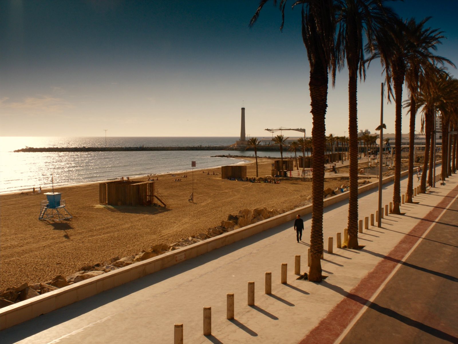 Golden sand and palm-lined promenade at Malvarrosa beach in Valencia